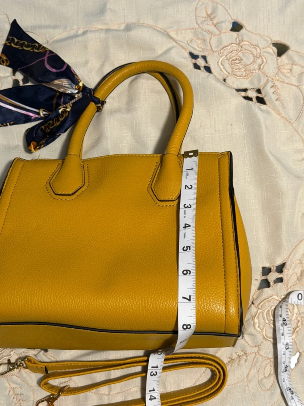 Aldo Yellow Pebbled Leather Top-Handle Satchel with Navy Scarf